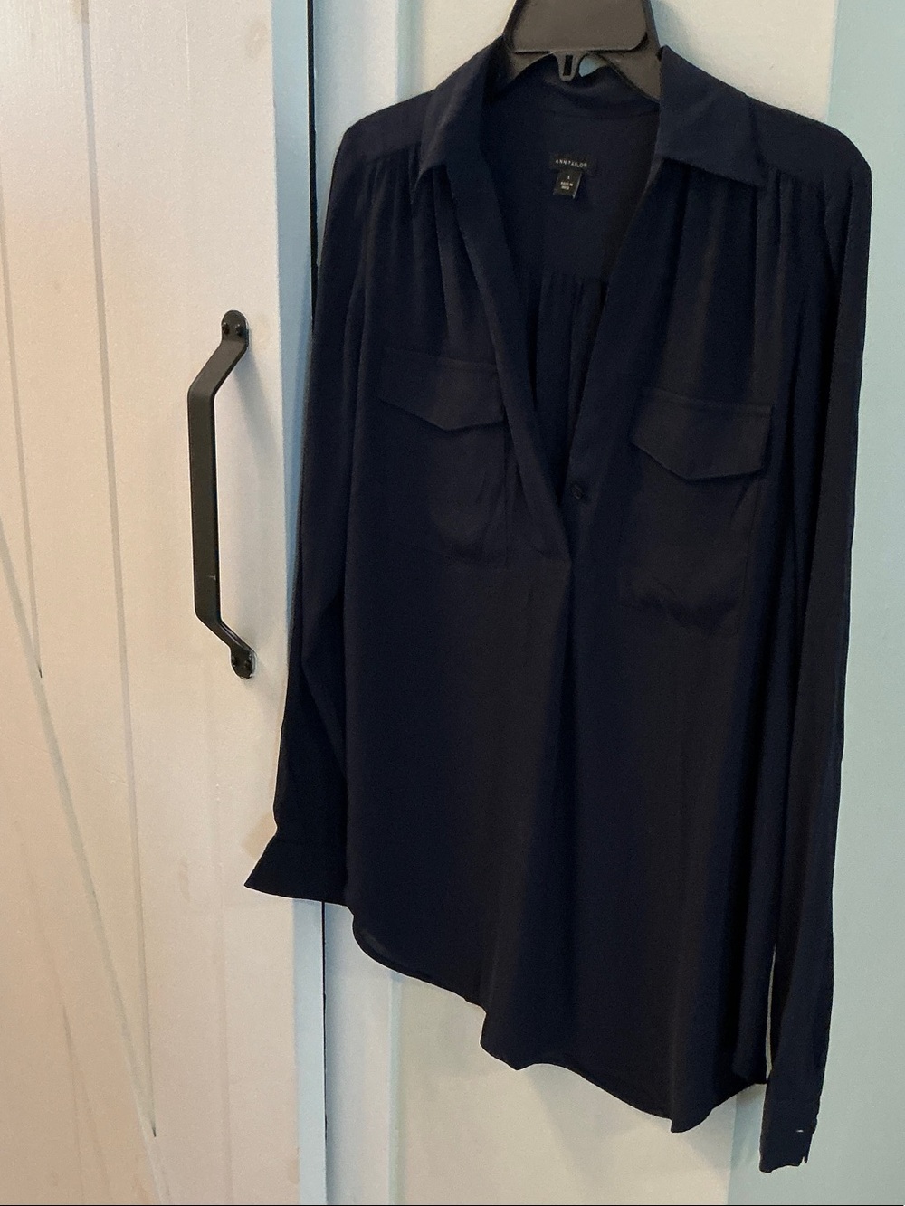 Ann Taylor Navy Button-Down Blouse with Chest Pockets
